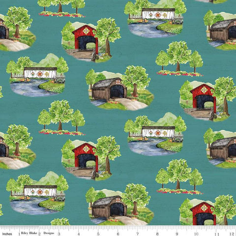 Image of the Covered Bridges in Spring Main Aqua by Quilting Cotton Fabric. Features covered bridges on a blue background. Cute Little Fabric Shop