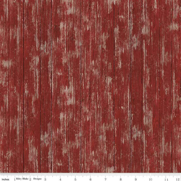 Image of the Covered Bridges in Spring Barn Wood Burgundy by Quilting Cotton Fabric. Features a wood grain fabric on a red background. Cute Little Fabric Shop