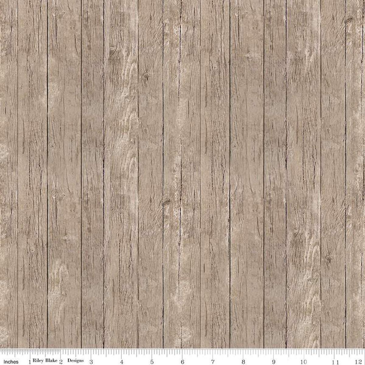 Image of the Covered Bridges in Spring Barn Wood Ash by Quilting Cotton Fabric. Features a wood grain fabric on a brown background. Cute Little Fabric Shop