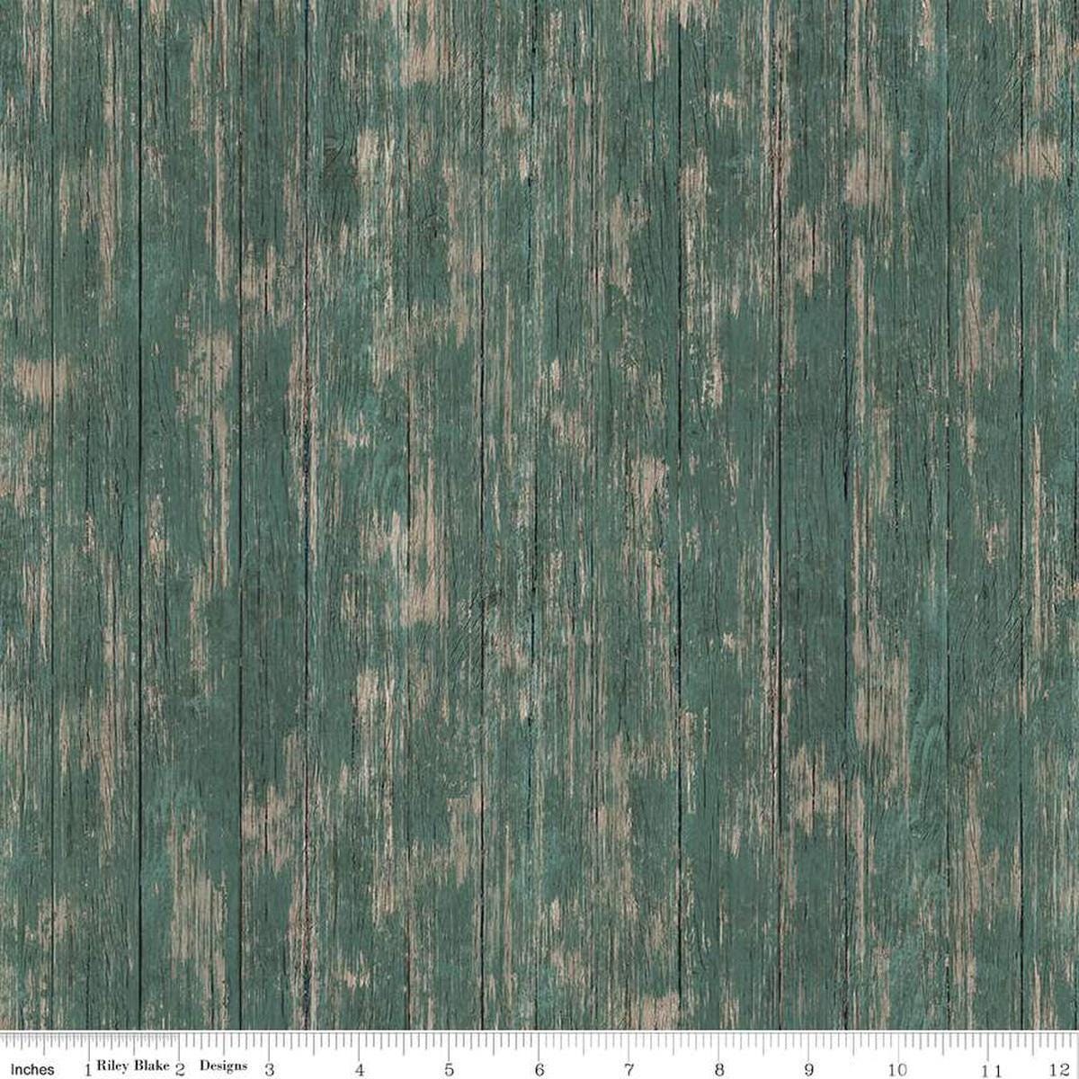 Image of the Covered Bridges in Spring Barn Wood Aqua by Quilting Cotton Fabric. Features a wood grain fabric on a blue background. Cute Little Fabric Shop