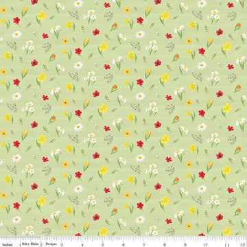 Image of the Covered Bridges in Spring Flowers Green by Quilting Cotton Fabric. Features flowers on a green background. Cute Little Fabric Shop