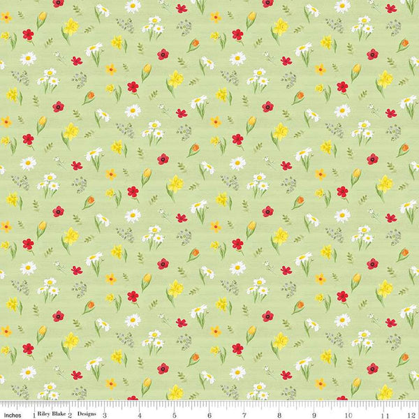 Image of the Covered Bridges in Spring Flowers Green by Quilting Cotton Fabric. Features flowers on a green background. Cute Little Fabric Shop