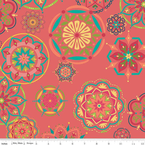 Image of the Wide Back Market Street Tea Rose quilting cotton fabric by Heather Peterson for Riley Blake Designs. Features large floral medallions on a coral background. 
Cute Little Fabric Shop