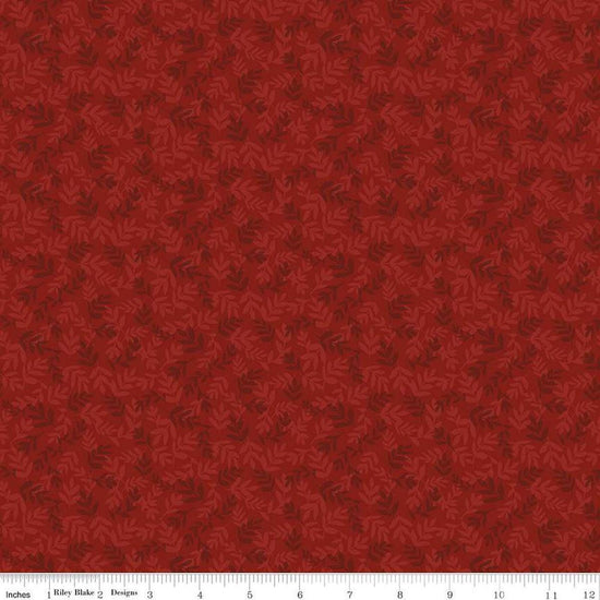 Image of the Covered Bridges in Spring Leaves Red by Quilting Cotton Fabric. Features tone on tone stems on a red background. Cute Little Fabric Shop