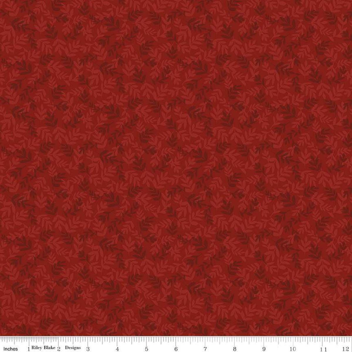 Image of the Covered Bridges in Spring Leaves Red by Quilting Cotton Fabric. Features tone on tone stems on a red background. Cute Little Fabric Shop
