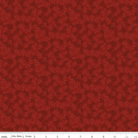 Image of the Covered Bridges in Spring Leaves Red by Quilting Cotton Fabric. Features tone on tone stems on a red background. Cute Little Fabric Shop