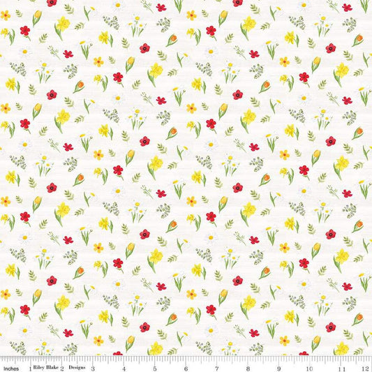 Image of the Covered Bridges in Spring Flowers White by Quilting Cotton Fabric. Features flowers on a white background. Cute Little Fabric Shop