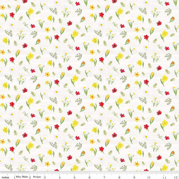 Image of the Covered Bridges in Spring Flowers White by Quilting Cotton Fabric. Features flowers on a white background. Cute Little Fabric Shop