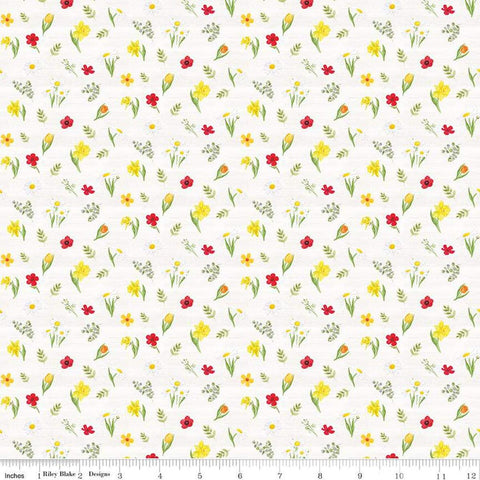 Image of the Covered Bridges in Spring Flowers White by Quilting Cotton Fabric. Features flowers on a white background. Cute Little Fabric Shop