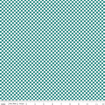 Image of the Check Please! 1/4 inch Check Teal quilting cotton fabric by Riley Blake Designs. Features a small printed gingham checkered pattern with a blue checkered print. Cute Little Fabric Shop