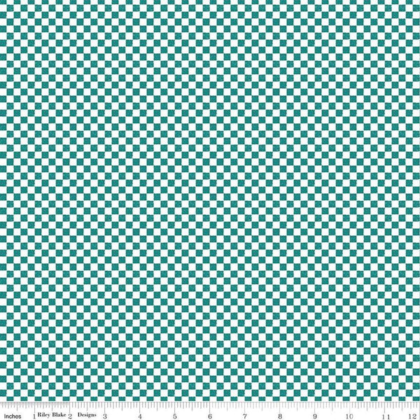 Image of the Check Please! 1/4 inch Check Teal quilting cotton fabric by Riley Blake Designs. Features a small printed gingham checkered pattern with a blue checkered print. Cute Little Fabric Shop