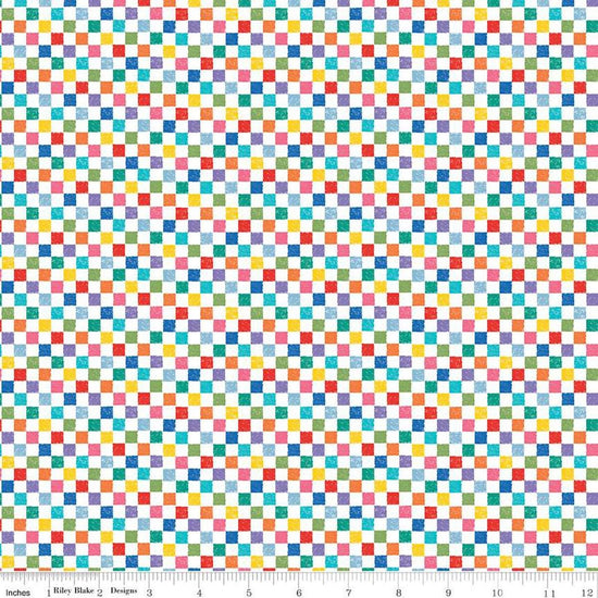 Image of the Check Please! 1/4 inch Check Rainbow quilting cotton fabric by Riley Blake Designs. Features a small printed gingham checkered pattern with a rainbow checkered print. Cute Little Fabric Shop
