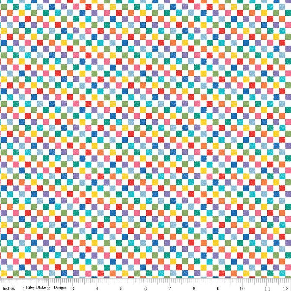 Image of the Check Please! 1/4 inch Check Rainbow quilting cotton fabric by Riley Blake Designs. Features a small printed gingham checkered pattern with a rainbow checkered print. Cute Little Fabric Shop