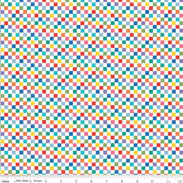 Image of the Check Please! 1/4 inch Check Rainbow quilting cotton fabric by Riley Blake Designs. Features a small printed gingham checkered pattern with a rainbow checkered print. Cute Little Fabric Shop