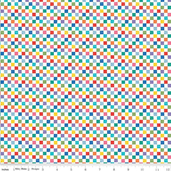 Image of the Check Please! 1/4 inch Check Rainbow quilting cotton fabric by Riley Blake Designs. Features a small printed gingham checkered pattern with a rainbow checkered print. Cute Little Fabric Shop