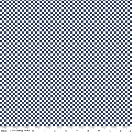 Image of the Check Please! 1/4 inch Check Navt quilting cotton fabric by Riley Blake Designs. Features a small printed gingham checkered pattern with a navy checkered print. Cute Little Fabric Shop