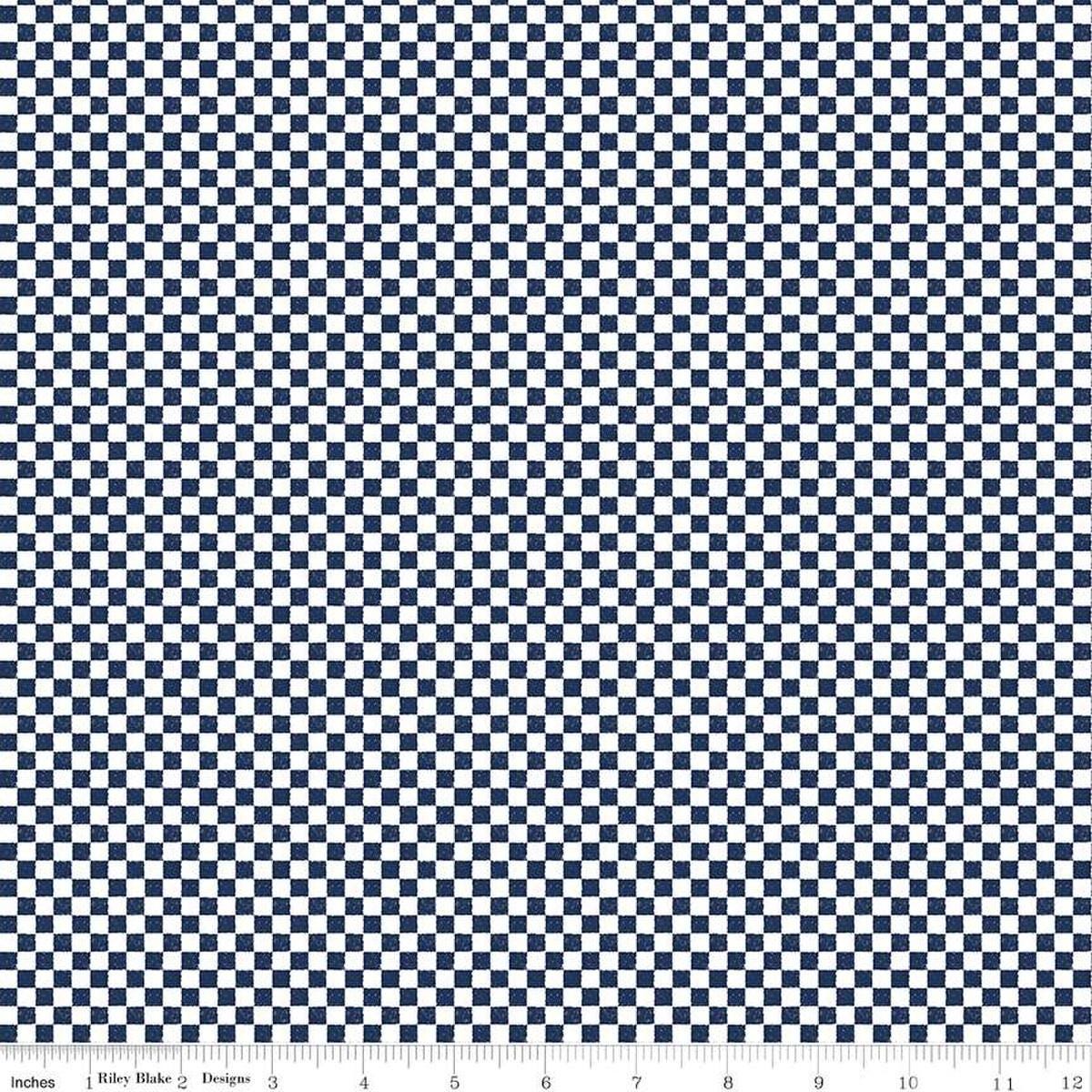 Image of the Check Please! 1/4 inch Check Navt quilting cotton fabric by Riley Blake Designs. Features a small printed gingham checkered pattern with a navy checkered print. Cute Little Fabric Shop