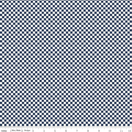 Image of the Check Please! 1/4 inch Check Navt quilting cotton fabric by Riley Blake Designs. Features a small printed gingham checkered pattern with a navy checkered print. Cute Little Fabric Shop