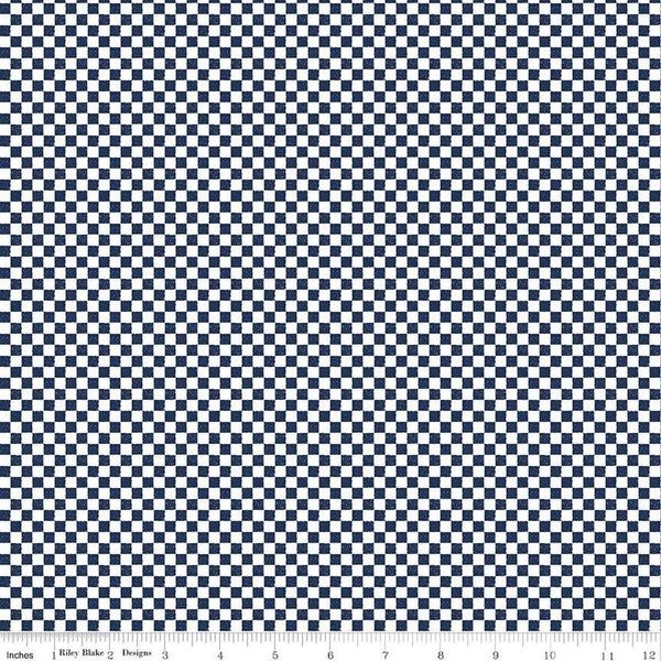 Image of the Check Please! 1/4 inch Check Navt quilting cotton fabric by Riley Blake Designs. Features a small printed gingham checkered pattern with a navy checkered print. Cute Little Fabric Shop