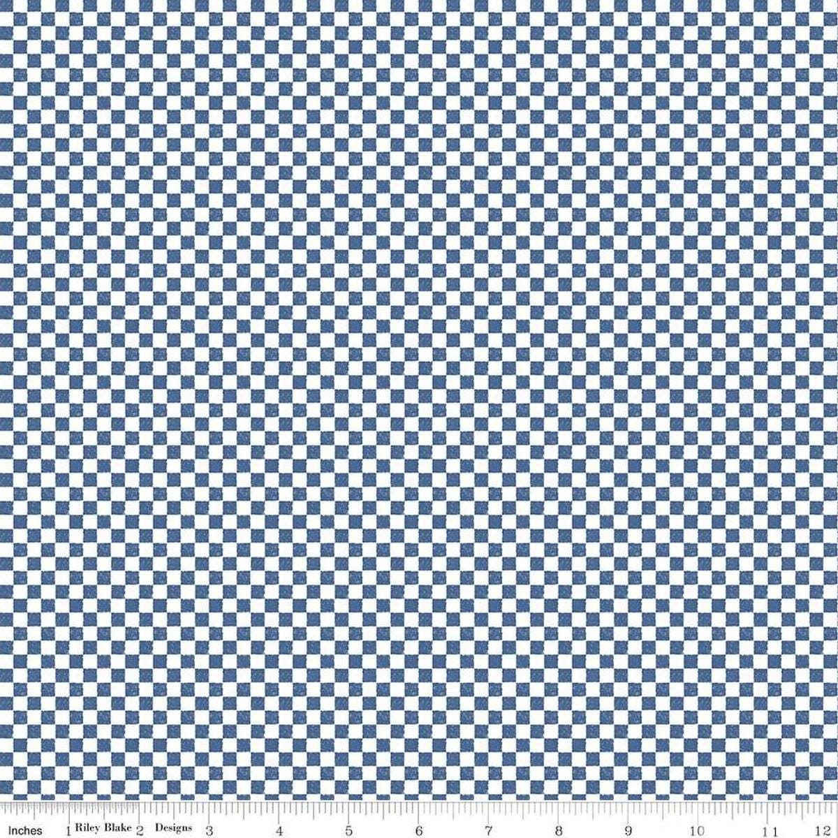 Image of the Check Please! 1/4 inch Check Denim quilting cotton fabric by Riley Blake Designs. Features a small printed gingham checkered pattern with a blue checkered print. Cute Little Fabric Shop