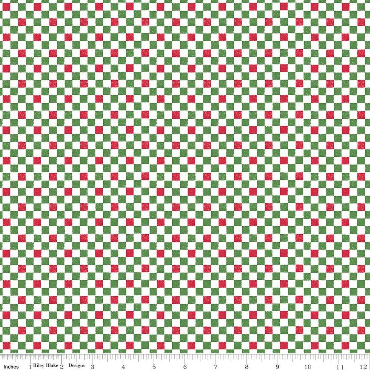 Image of the Check Please! 1/4 inch Check Christmas quilting cotton fabric by Riley Blake Designs. Features a small printed gingham checkered pattern with a christmas checkered print. Cute Little Fabric Shop