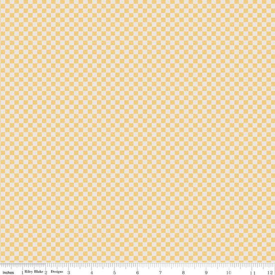 Image of the Check Please! 1/4 inch Check Honey quilting cotton fabric by Riley Blake Designs. Features a small printed gingham checkered pattern with yellow. Cute Little Fabric Shop
