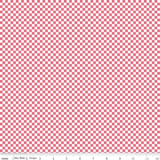 Image of the Check Please! 1/4 inch Check Tea Rose. Features a small printed gingham checkered pattern with pink. Cute Little Fabric Shop