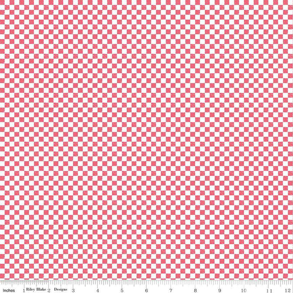 Image of the Check Please! 1/4 inch Check Tea Rose. Features a small printed gingham checkered pattern with pink. Cute Little Fabric Shop