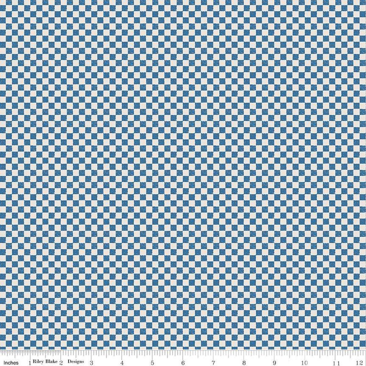 Image of the Check Please! 1/4 inch Check Coastal Blue quilting cotton fabric by Riley Blake Designs. Features a small printed gingham checkered pattern with a blue checkered print. Cute Little Fabric Shop
