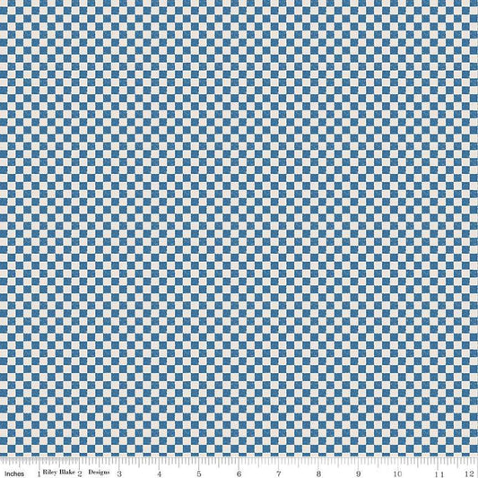 Image of the Check Please! 1/4 inch Check Coastal Blue quilting cotton fabric by Riley Blake Designs. Features a small printed gingham checkered pattern with a blue checkered print. Cute Little Fabric Shop