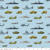 Image of the Letters From Home Transport Blue quilting cotton fabric by Riley Blake Designs. Features american themed prints on a blue background. Cute Little Fabric Shop