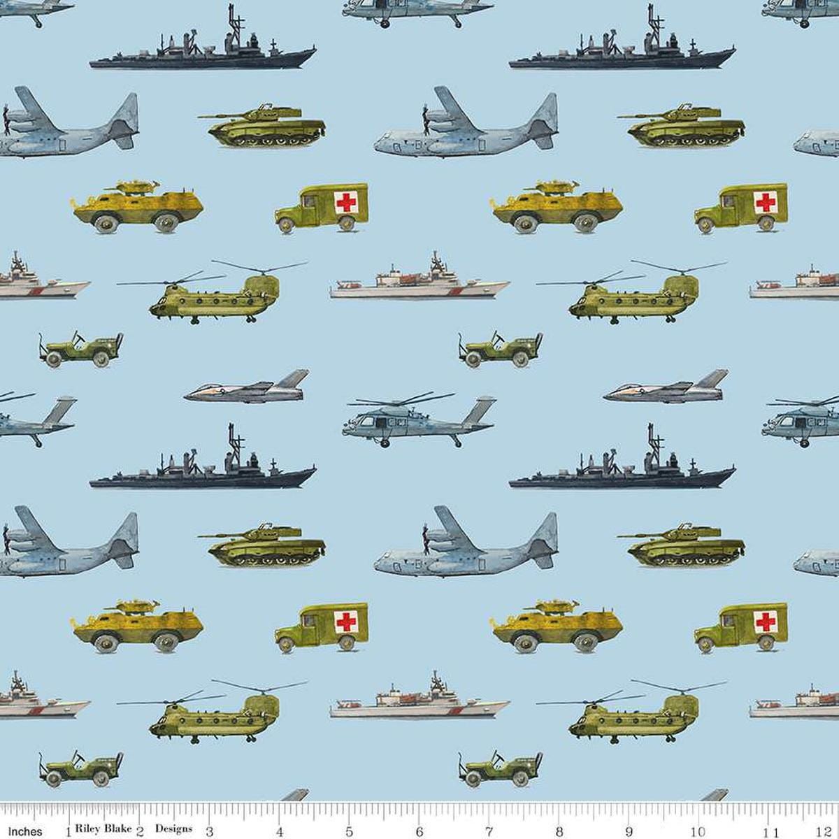 Image of the Letters From Home Transport Blue quilting cotton fabric by Riley Blake Designs. Features american themed prints on a blue background. Cute Little Fabric Shop