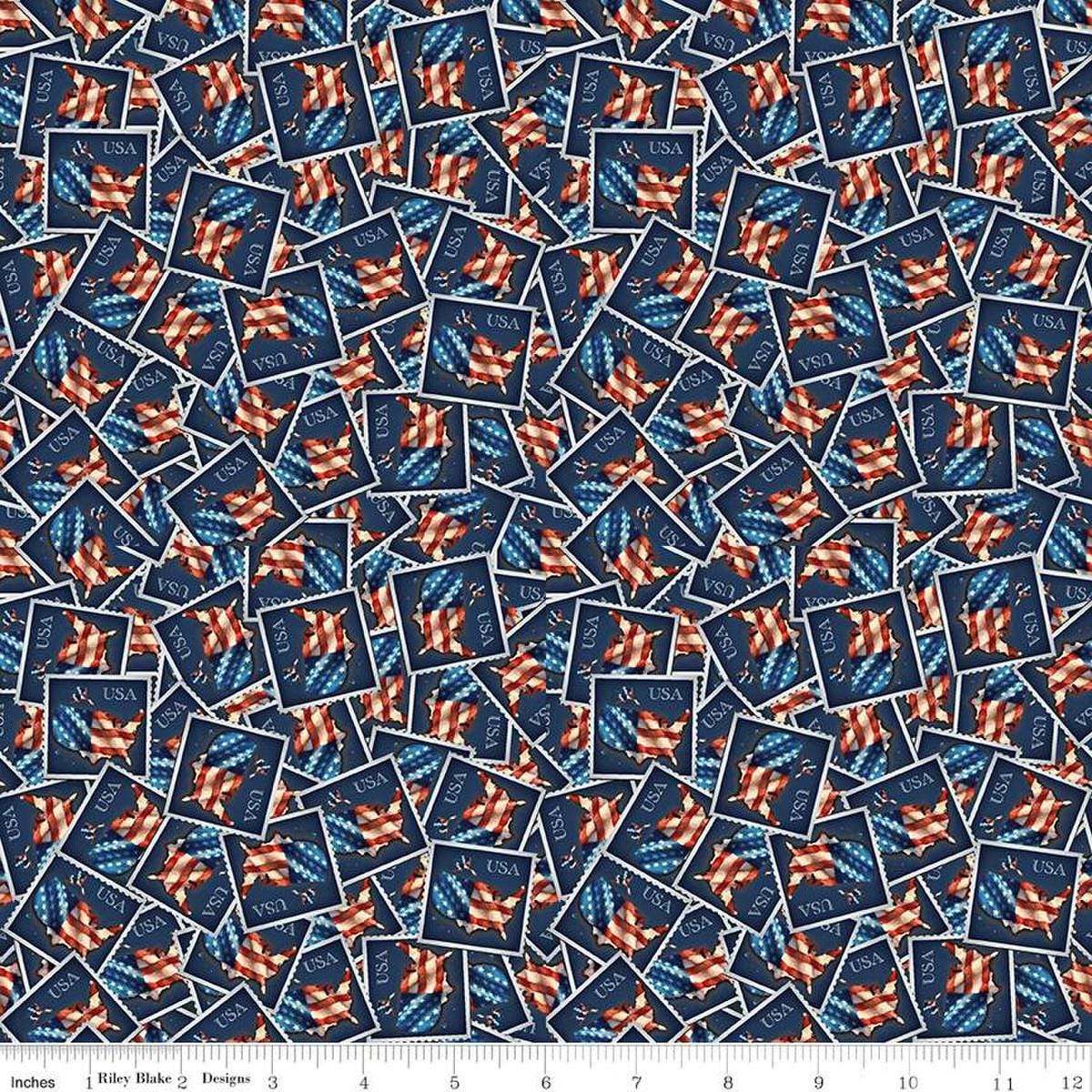 Image of the Letters From Home Stamps Navy quilting cotton fabric by Riley Blake Designs. Features American themed prints on a navy background. Cute Little Fabric Shop