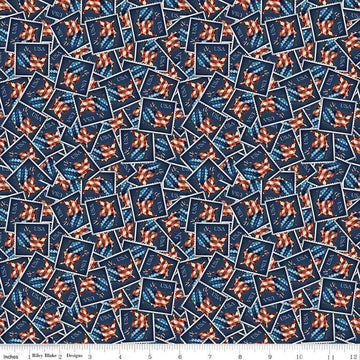 Image of the Letters From Home Stamps Navy quilting cotton fabric by Riley Blake Designs. Features American themed prints on a navy background. Cute Little Fabric Shop