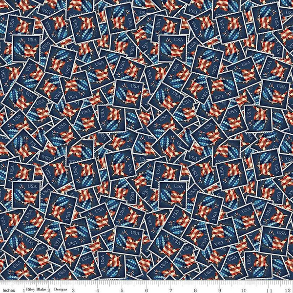 Image of the Letters From Home Stamps Navy quilting cotton fabric by Riley Blake Designs. Features American themed prints on a navy background. Cute Little Fabric Shop