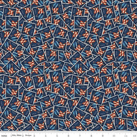 Image of the Letters From Home Stamps Navy quilting cotton fabric by Riley Blake Designs. Features American themed prints on a navy background. Cute Little Fabric Shop