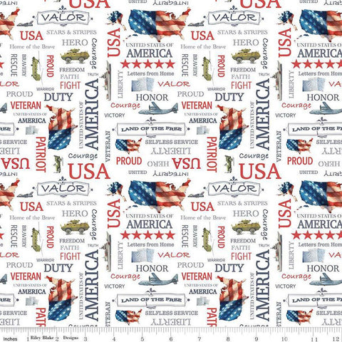 Image of the Letters From Home Text White quilting cotton fabric by Riley Blake Designs. Features american themed prints on a white background. Cute Little Fabric Shop