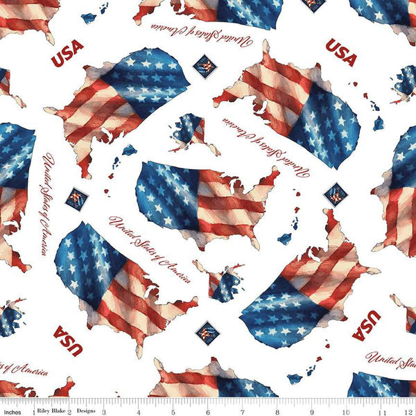 Image of the Letters From Home White quilting cotton fabric by Riley Blake Designs. Features american themed prints on a white background. Cute Little Fabric Shop