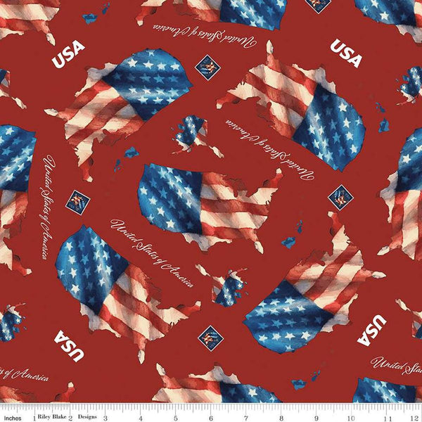 Image of the Letters From Home Red quilting cotton fabric by Riley Blake Designs. Features american themed prints on a red background. Cute Little Fabric Shop