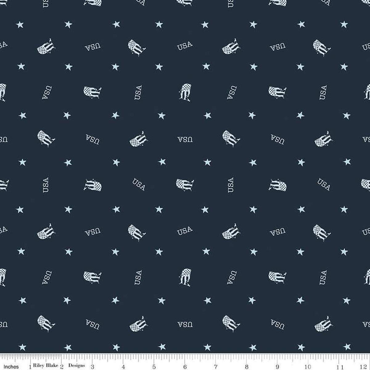 Image of the Letters From Home Toss Navy quilting cotton fabric by Riley Blake Designs. Features american themed prints on a blue background. Cute Little Fabric Shop