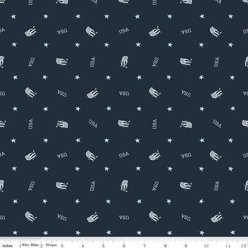Image of the Letters From Home Toss Navy quilting cotton fabric by Riley Blake Designs. Features american themed prints on a blue background. Cute Little Fabric Shop
