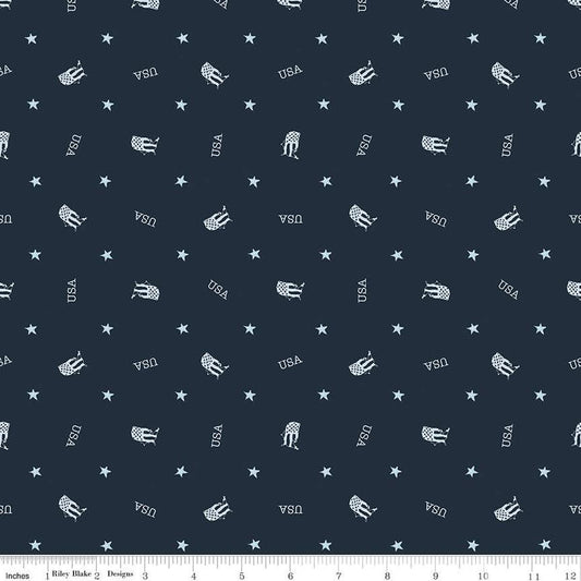Image of the Letters From Home Toss Navy quilting cotton fabric by Riley Blake Designs. Features american themed prints on a blue background. Cute Little Fabric Shop