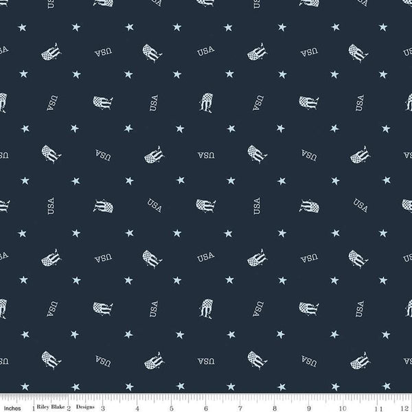 Image of the Letters From Home Toss Navy quilting cotton fabric by Riley Blake Designs. Features american themed prints on a blue background. Cute Little Fabric Shop