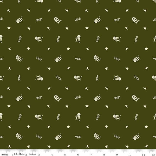 Image of the Letters From Home Toss Green quilting cotton fabric by Riley Blake Designs. Features american themed prints on a green background. Cute Little Fabric Shop