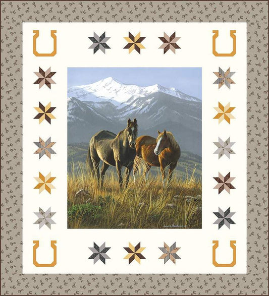 Image of the Smoky Valley Panel Quilt Boxed Kit by Riley Blake Designs. Features horses and horseshoes on a quilt. 
Cute Little Fabric Shop
