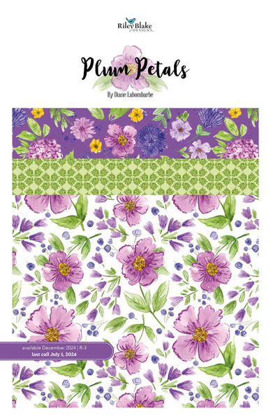 Image of the Plum Petals Storyboard by Diane Labombarbe for Riley Blake Designs. Features flowers on various backgrounds. 
Cute Little Fabric Shop