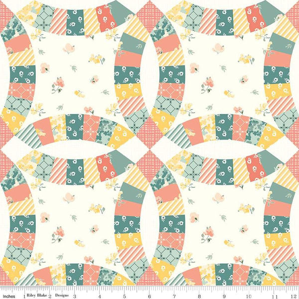 Image of the New Beginnings Double Wedding Ring Cheater Print Cream quilting cotton fabric by Sandy Gervais for Riley Blake Designs. Features double ring designs on a cream background. 
Cute Little Fabric Shop