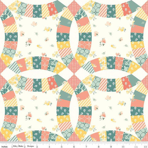 Image of the New Beginnings Double Wedding Ring Cheater Print Cream quilting cotton fabric by Sandy Gervais for Riley Blake Designs. Features double ring designs on a cream background. 
Cute Little Fabric Shop