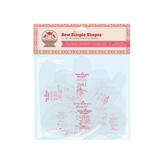 Image of the Flower Basket Sampler Sew Simple Shapes template set by Lori Holt for Riley Blake Designs. Features flower themed plastic templated. 
Cute Little Fabric Shop