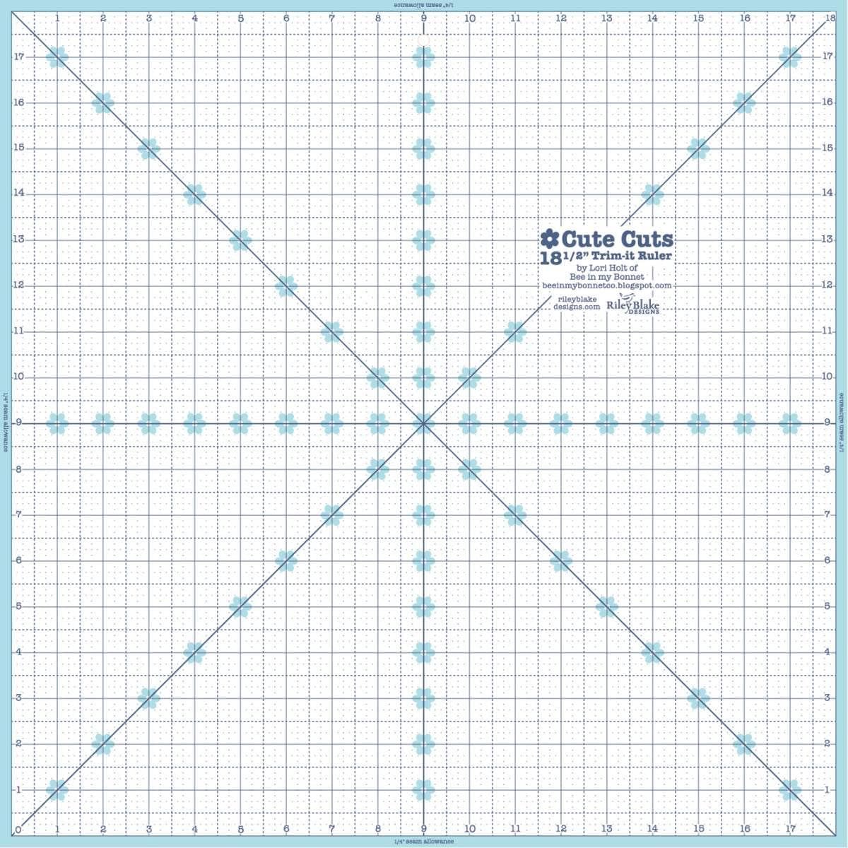 Image of the Cute Cuts™ Trim-it™ Ruler 18.5 x 18.5 by Lori Holt for Riley Blake Designs. Features an 18.5 inch square ruler with aqua borders. 
Cute Little Fabric Shop